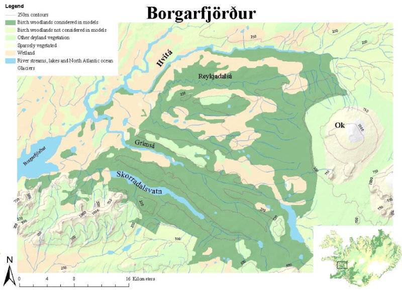 Map of the estimated extent of woodland cover in the region of Borgarfjörður