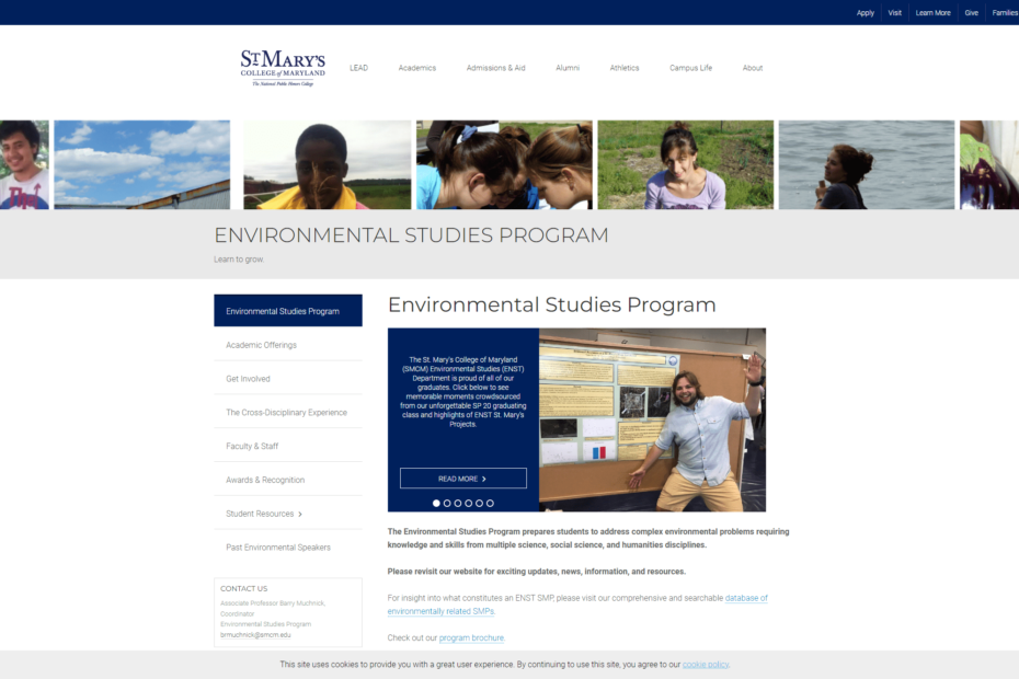 Website screenshot: Environmental studies at St Mary's College of Maryland