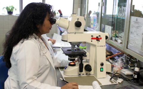 Photo of a woman looking into a microscope in a scientific laboratory