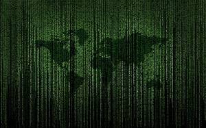 Picture of 'The Matrix' style code with a map of the world