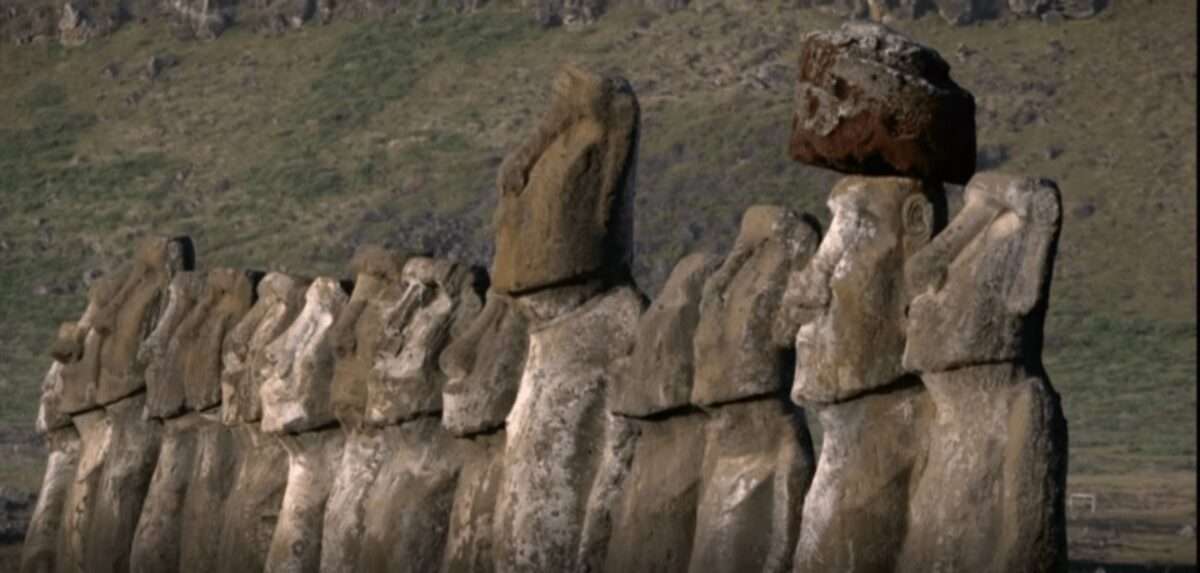 Video screenshot showing a row of Easter Island statues