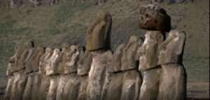 Video screenshot showing a row of Easter Island statues