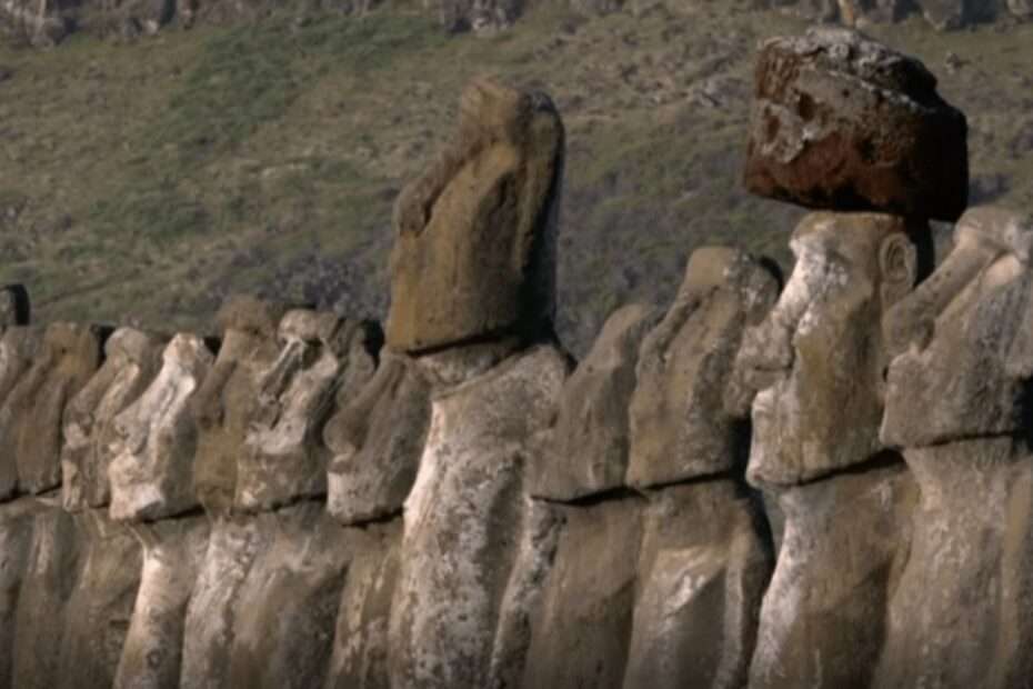 Video screenshot showing a row of Easter Island statues