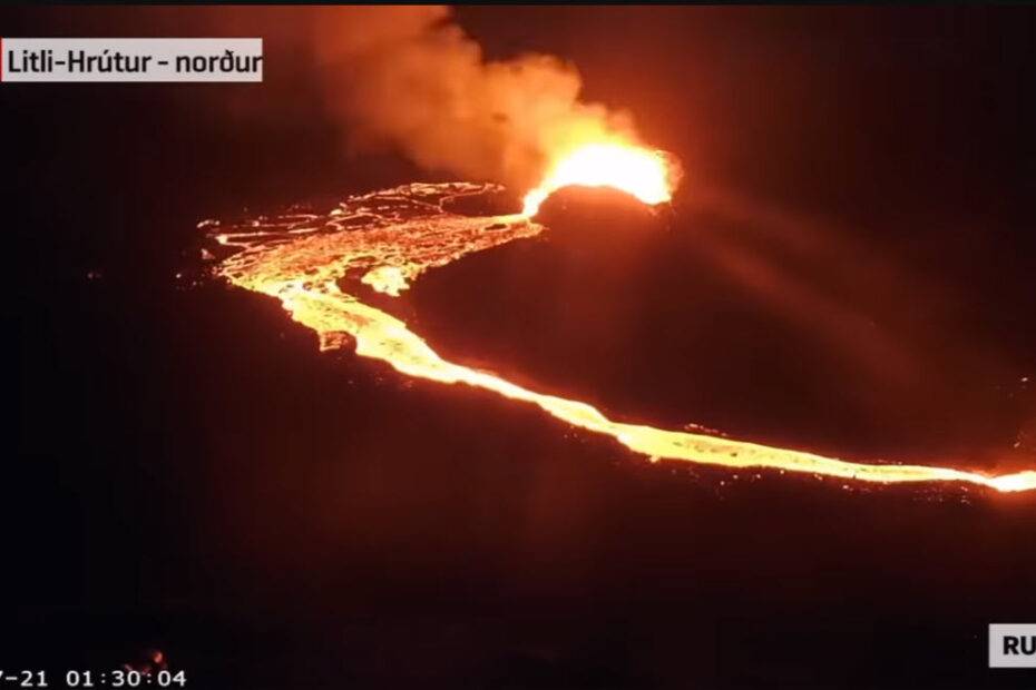 Screenshot from a video of the Volcanic Eruption at Litli-Hrútur, Iceland in 2023, showing lava glowing in the dark