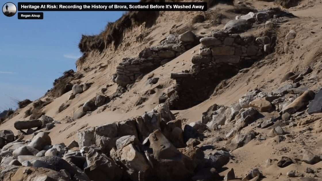 Screenshot showing ruins of walls on a beach at Brora, Scotland
