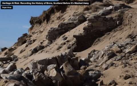 Screenshot showing ruins of walls on a beach at Brora, Scotland