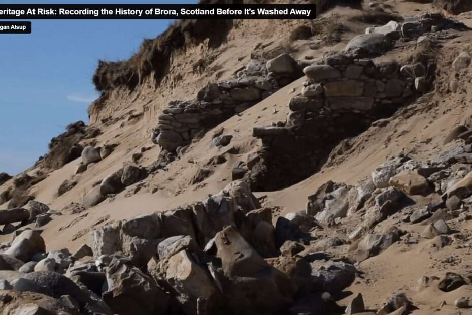 Screenshot showing ruins of walls on a beach at Brora, Scotland