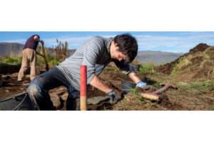 Hofstaðir field school banner - photograph of archaeologist digging