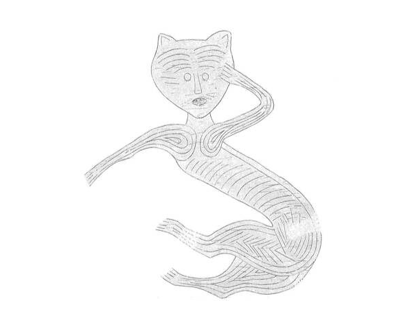 Detailed drawing of a crying cat from the Oseberg cart backboard