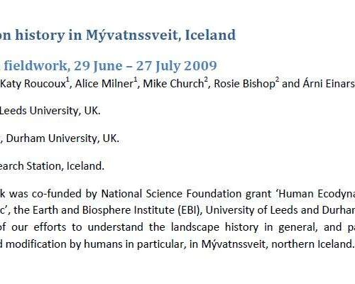 Vegetation history in Mývatnssveit, Iceland: Report on fieldwork, 29 June – 27 July 2009